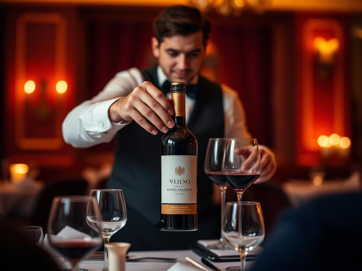 Sommelier presenting a bottle of red wine tableside