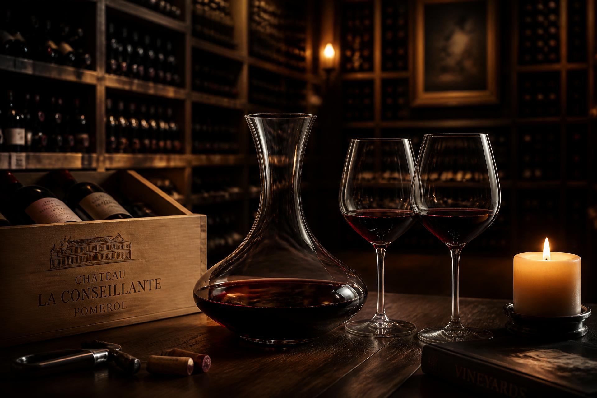 Candlelit wine cellar with a decanter and two glasses of red wine