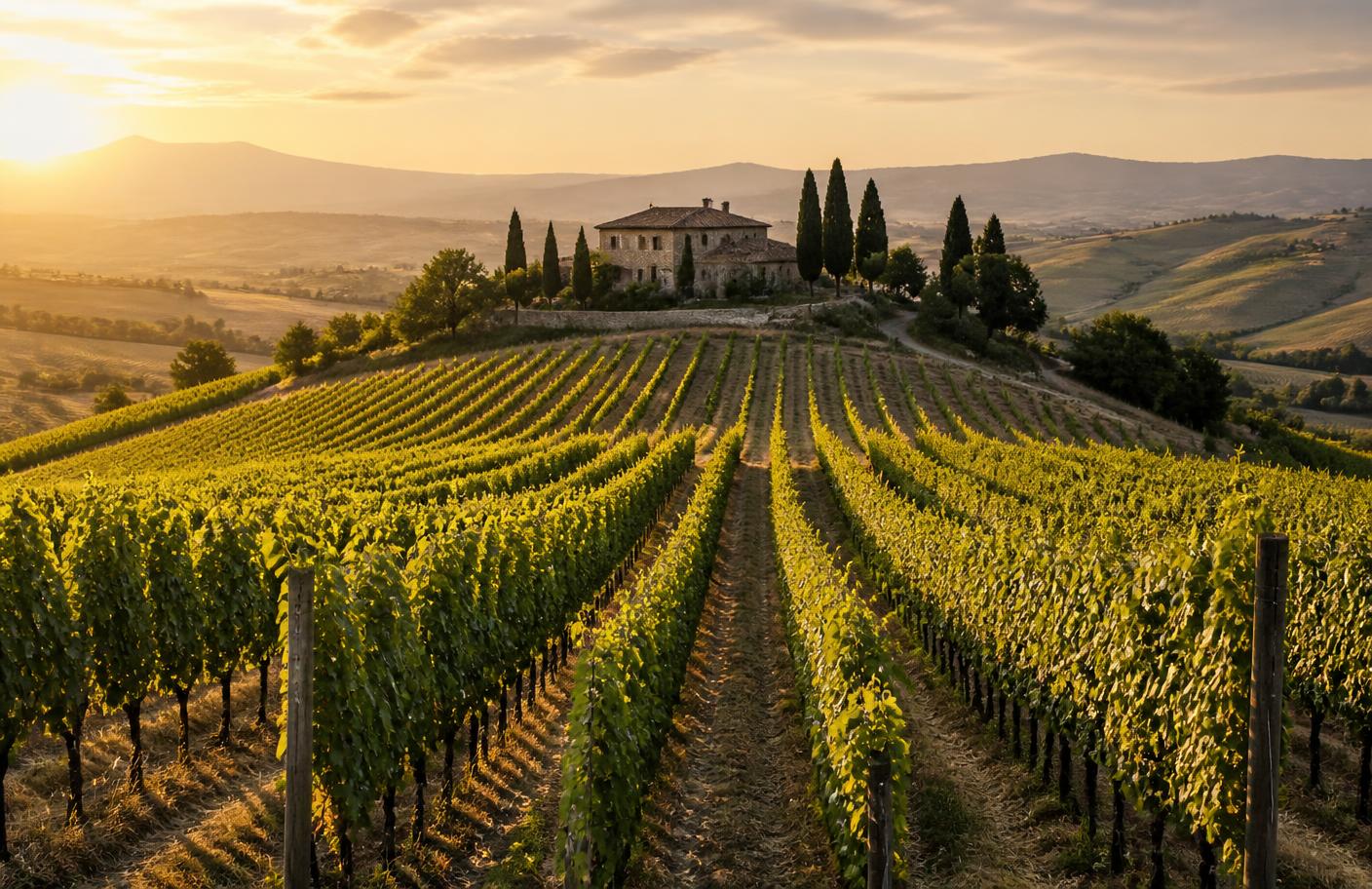 Tuscan vineyard rows at golden hour